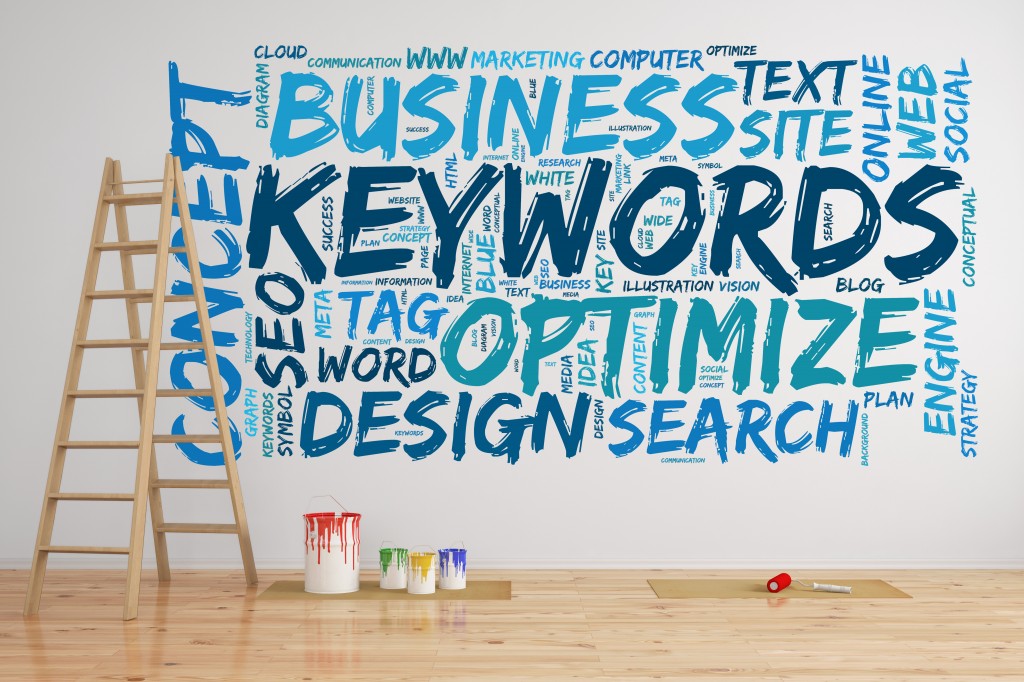 SEO keywords tag cloud on a wall with words like optimize and se