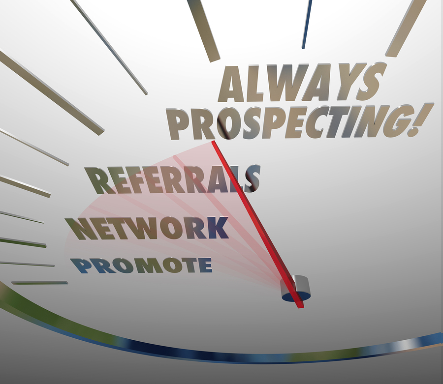 Always Prospecting words on a speedometer to illustrate a never-ending cycle of finding new customers or clients for your business